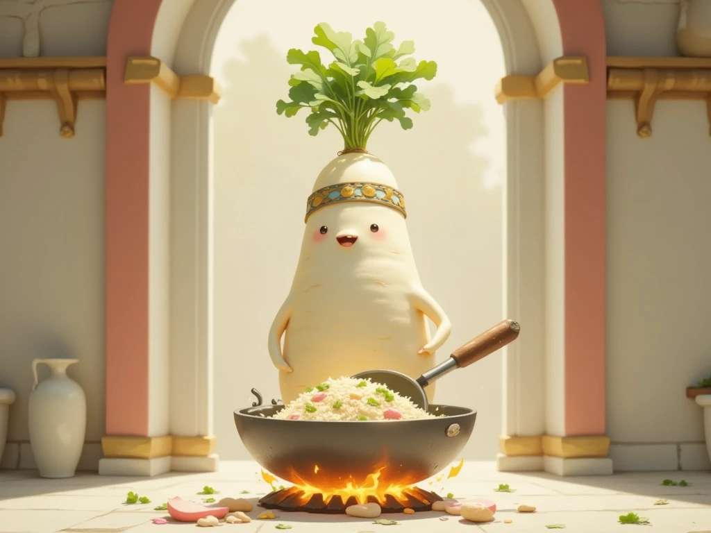 masterpiece:1.3,  cute radish,  Chinese restaurant kitchen ,  fiery stove , Large wok, Anthropomorphic daikon ,  A daikon with a headband is sifting a wok to make fried rice, I'm hurting rice containing eggs, green onions, and meat,  fried rice floats in the air ,  cooking, ((china hotel,  Chinese-style restaurant ))