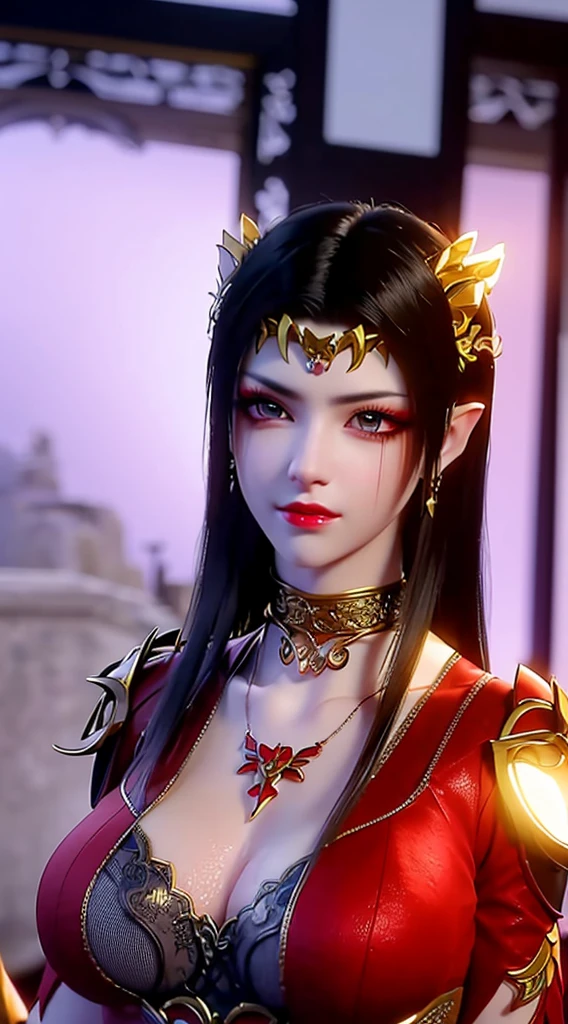 1 very beautiful queen medusha in hanfu dress, thin red silk shirt with many yellow motifs, black lace top, long hair dyed black, beautiful hair jewelry, pretty face pretty and cute, perfect face, earring jewelry, head and hair jewelry, antique jewelry, big red eyes, sharp eye makeup, meticulous makeup eyelashes, thin eyebrows, nose tall, pretty red lips, no smile, pursed lips, rosy cheeks, breast augmentation, wide breasts, big breasts, well-proportioned breasts, slim waist, red mesh stockings with black lace, Chinese hanfu style, fictional art patterns, colors vivid and realistic, RAW photos, realistic photos, ultra-high quality 8k surreal photos, cool photos, (virtual lighting effects: 1.8), 10x pixels, magic effects (background): 1.8), super detailed eyes, beautiful girl body portrait, girl alone, ancient hanfu background, looking directly at the audience, wide original photo, 8k quality, super sharp, detailed and clear picture best, detailed light background,
