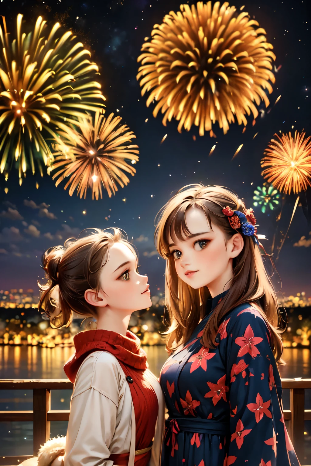 a stunning display of fireworks over a lively new year's eve , colorful explosions in the night sky, celebration atmosphere, people enjoying the , beautiful detailed faces, intricate firework patterns, warm lighting, vibrant colors, detailed realistic rendering, high quality, cinematic composition