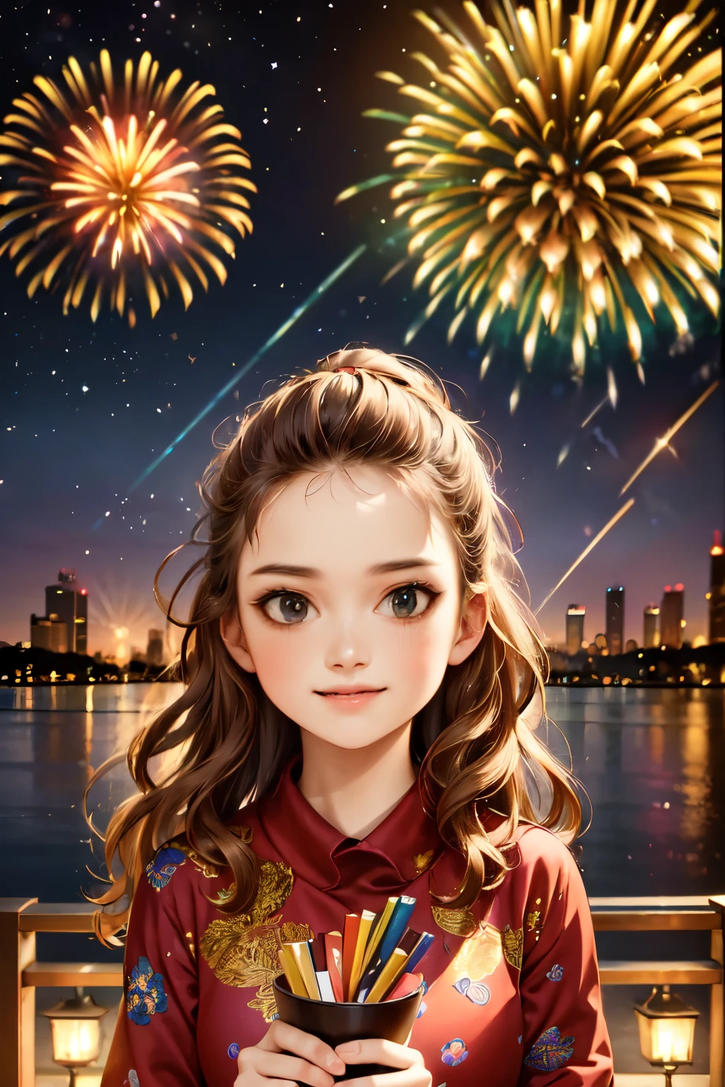 a stunning display of fireworks over a lively new year's eve , colorful explosions in the night sky, celebration atmosphere, people enjoying the , beautiful detailed faces, intricate firework patterns, warm lighting, vibrant colors, detailed realistic rendering, high quality, cinematic composition