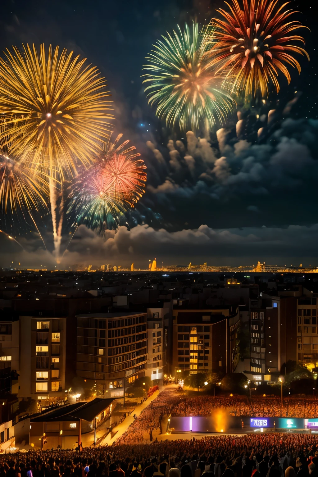 a stunning display of fireworks over a lively new year's eve , colorful explosions in the night sky, celebration atmosphere, people enjoying the , beautiful detailed faces, intricate firework patterns, warm lighting, vibrant colors, detailed realistic rendering, high quality, cinematic composition