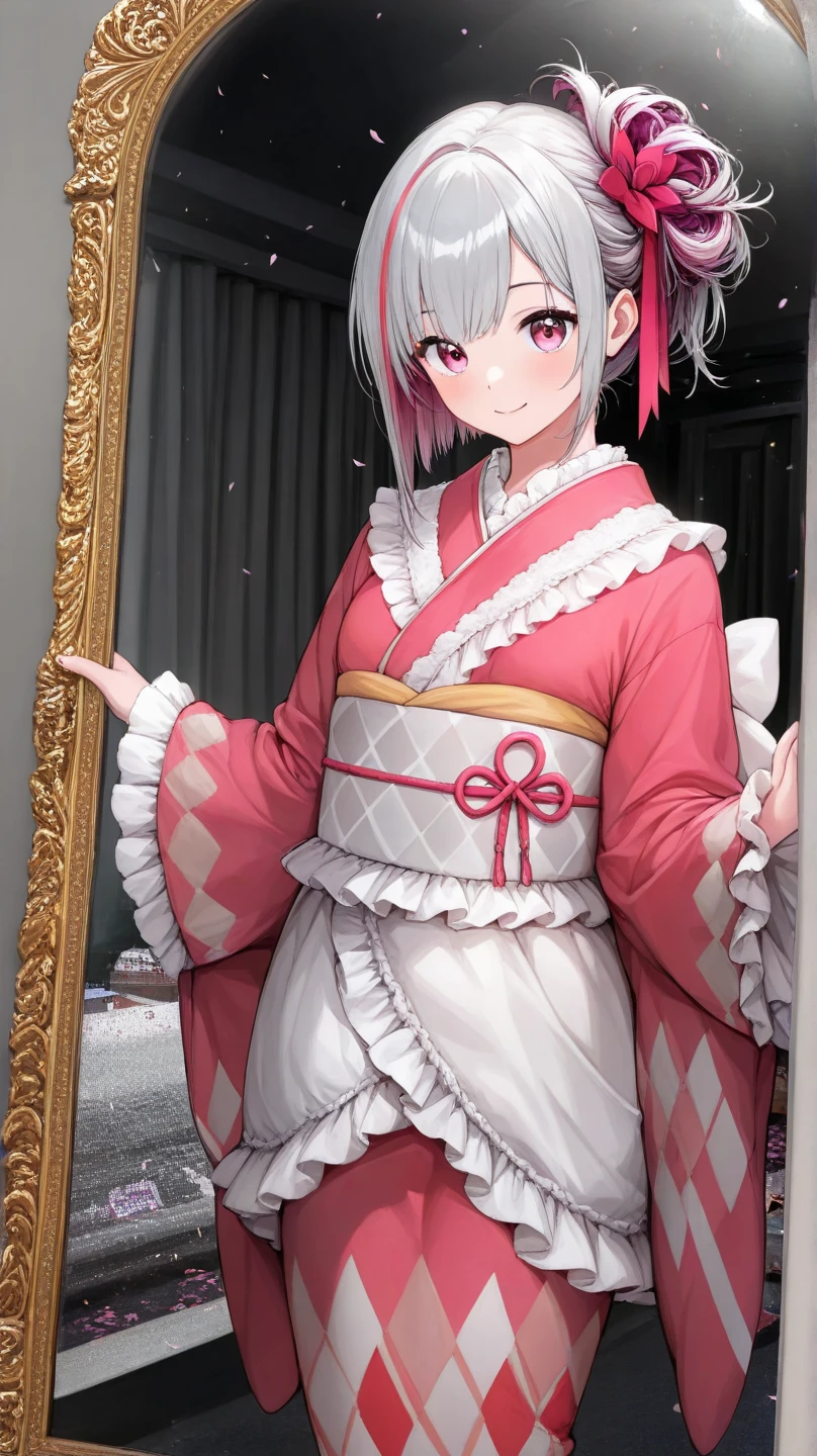   1 girl,Age 19, dress,(up hair style, hair accessories , multicolored hair,  gray hair,Magenta,shining hair:1.4),(Eye color,Magenta), slender,(black,grey,Frills,race,Argyle,petal,Long-sleeved kimono), designer room,{ Daytime, closet in the castle room,In front of the mirror} ,Front angle, ,full longshot,smile,  kimono,(master piece,all detailed,high resolution)