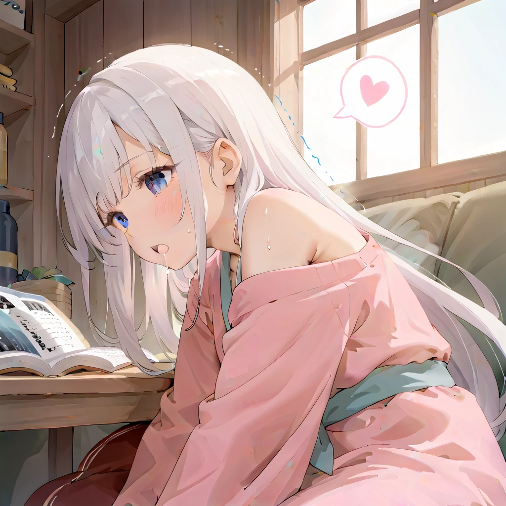 (masterpiece,beautiful,hughres,CG,8k,16k,best quality,high-resolution,detailed eyes:1.5),anime,source anime,illustration,(face close up:1.2),from side,(1girl,Alone:1.5),(indoor:1.5),living,Glass window,Open book,Planting,(across table:1.3),(kotatsu:1.6),(in the kotatsu:1.2),(head down,Plunge into the kotatsu :1.6),profile,(arms at sides, put your arms in the kotatsu:1.2),no-hands,Go inside the no-legs ,(white hair:1.5),blue eyes,(very long hair,straight hair,bangs:1.4),( light pink yukata :1.5),(off-shoulder),small breasts,(sitting),(female orgasm:1.3),(trembling:1.4),(gasping,heavy breathing,blush:1.5),(impatience1.1),flustered,(fidgeting around:1.4),(steam:1.2),(sweat skin,sweat:1.4),(streaming tears:1.3),(drooling,Drooling on the kotatsu:1.1),(looking away:0.5),(looking down:1.4),(spoken heart:1.3),(narrow one's eyes:1.6),(open mouth:1.2)