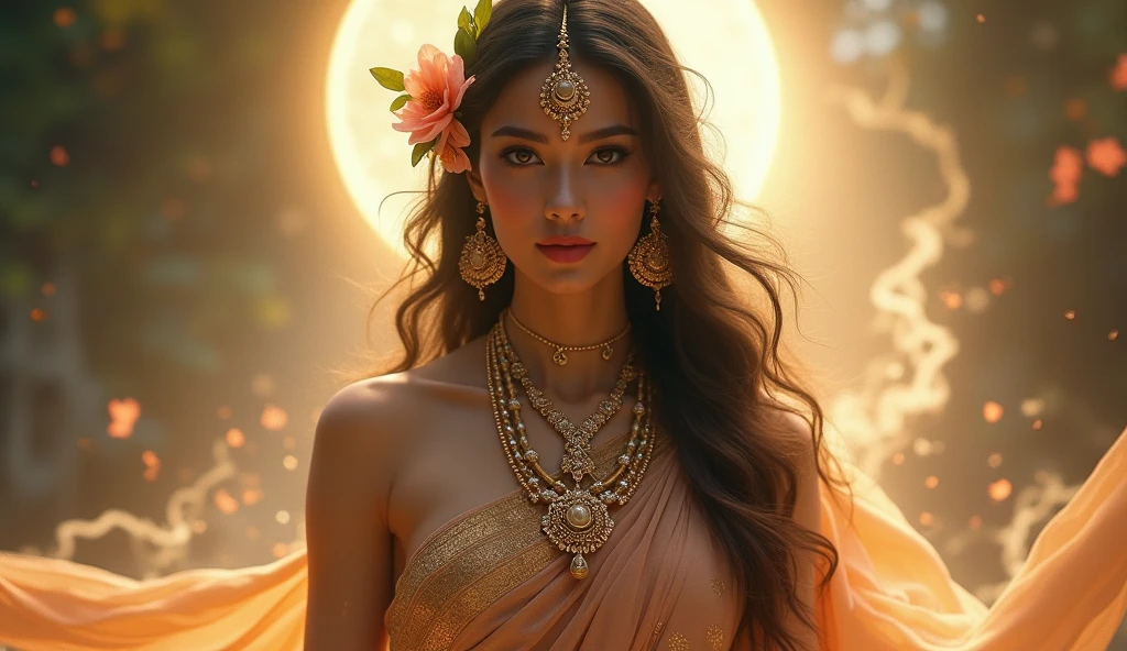 Beautiful girl with wavy long hair, in jnfian atire dress, holding a flower and waiting for his love in lonly landscape 