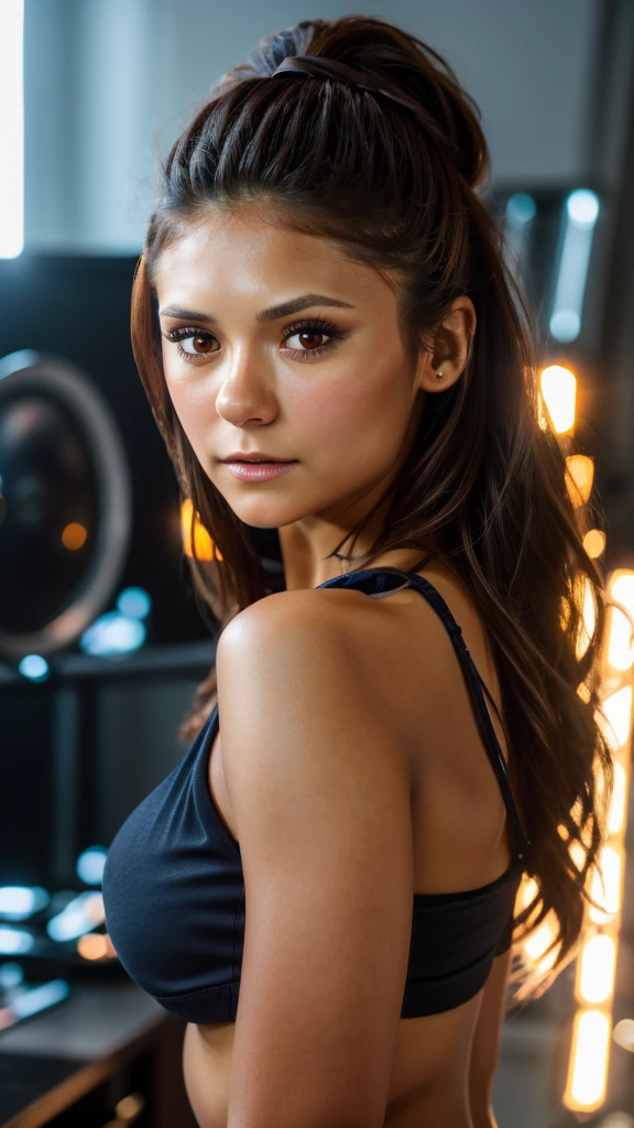 portrait photo of Nina Dobrev 18 years old, ((perfect face)), (((busty))), crop top, detailed beautiful eyes, detailed beautiful lips, extremely detailed face, long eyelashes, intricate detailed skin, flawless skin, photorealistic, (best quality,4k,8k,highres,masterpiece:1.2),ultra-detailed,(realistic,photorealistic,photo-realistic:1.37),HDR,UHD,studio lighting,vivid colors,cinematic lighting,natural lighting,beautiful lighting