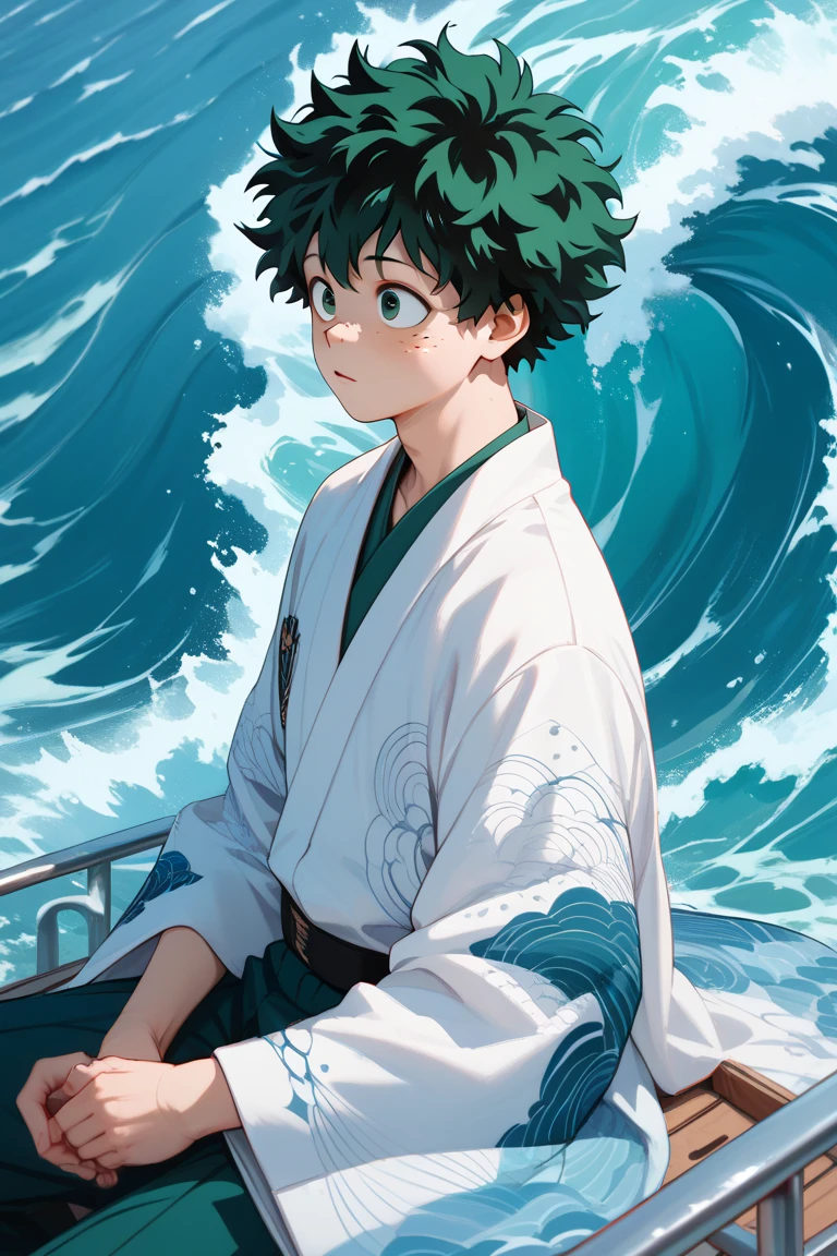 Izuku Midoriya, white kimono with blue ocean waves pattern