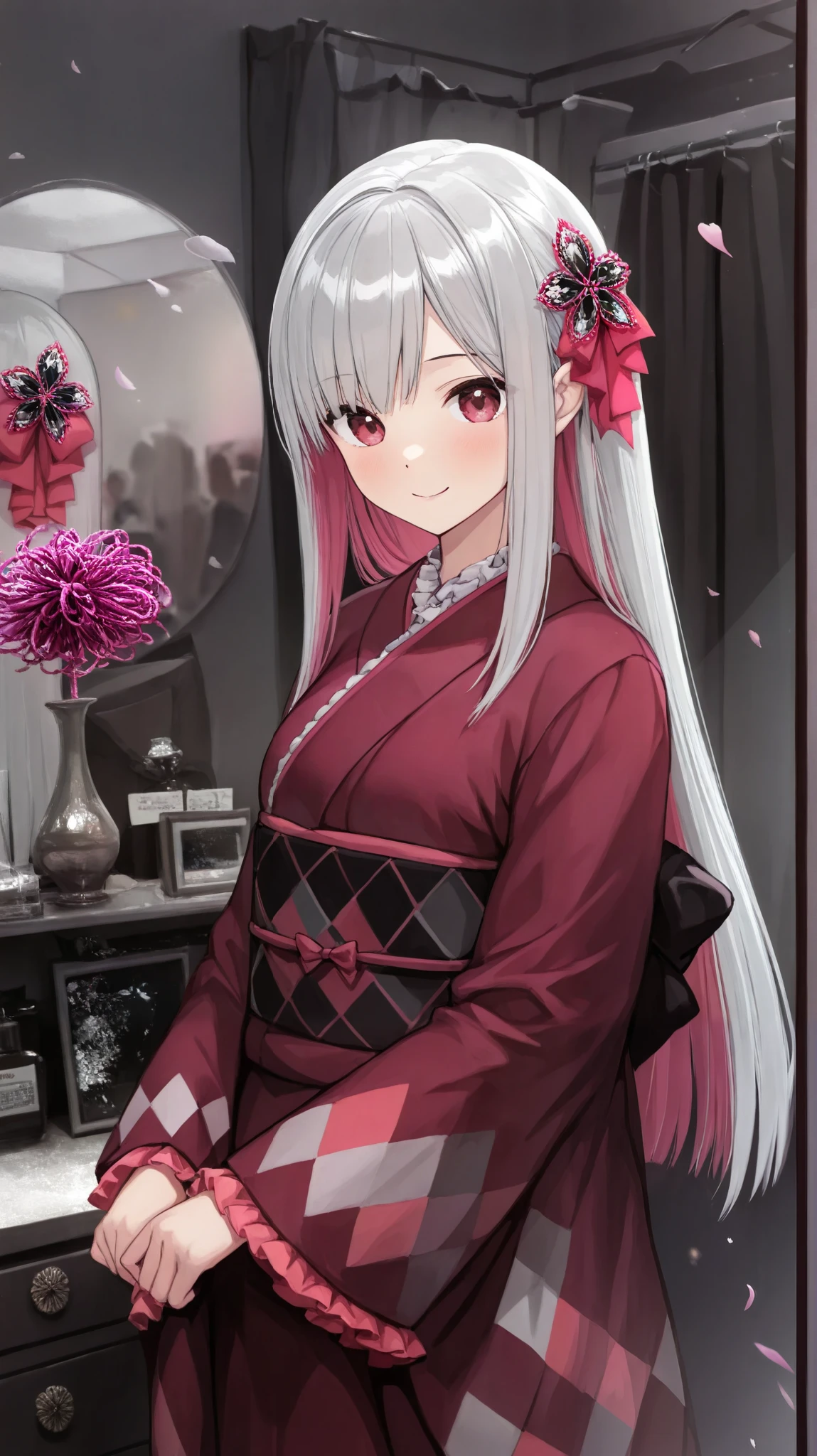   1 girl,Age 19, dress,(straight hair, hair accessories , multicolored hair,  gray hair,Magenta,shining hair:1.4),(Eye color,Magenta), slender,(black,grey,Frills,race,Argyle,petal,Long-sleeved kimono), designer room,{ Daytime, closet in the castle room,In front of the mirror} ,Front angle, ,full longshot,smile,  kimono,(master piece,all detailed,high resolution)