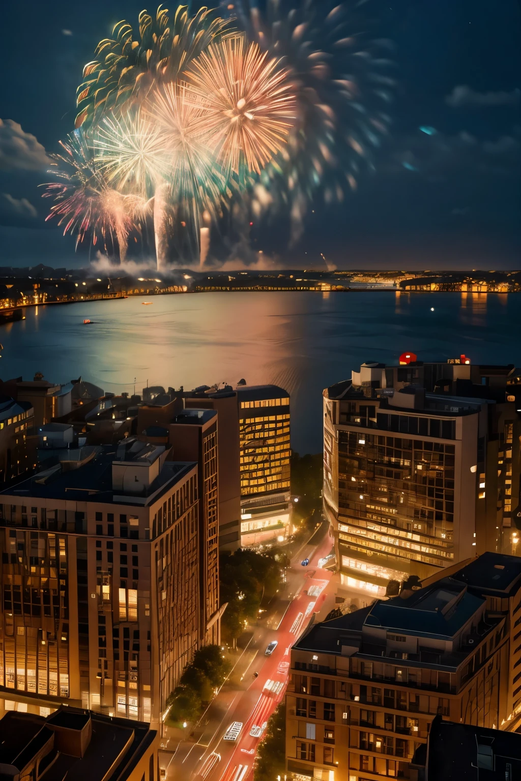 a stunning display of fireworks over a lively new year's eve , colorful explosions in the night sky,european city,  celebration atmosphere, people enjoying the , beautiful detailed faces, intricate firework patterns, warm lighting, vibrant colors, detailed realistic rendering, high quality, cinematic composition , warm lighting, vibrant colors, cinematic lighting, award winning photo, hyper detailed, 8k, high resolution, masterpiece