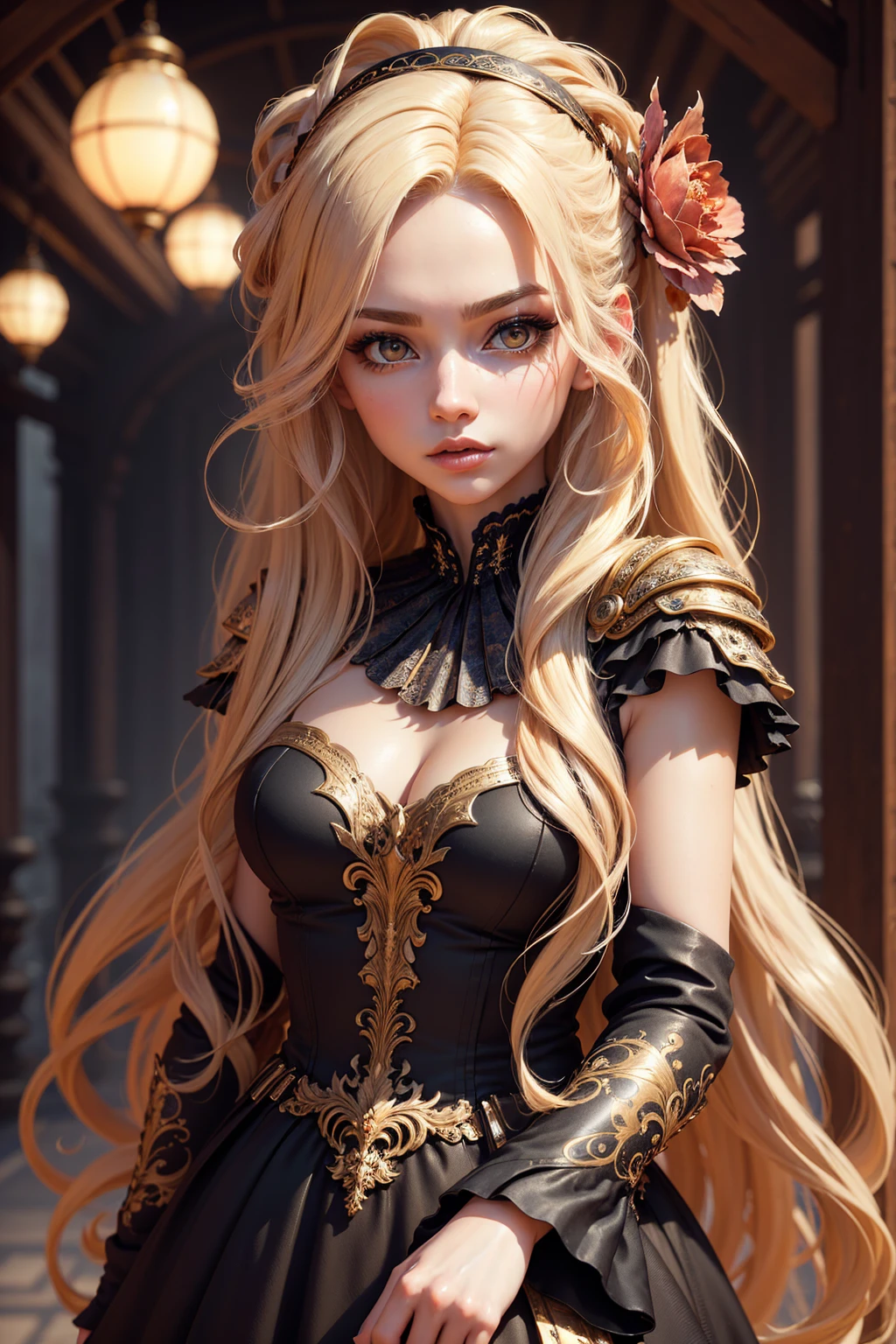 (Masterpiece - Ultra-Detailed, High Resolution) Prepare to be enchanted by a true masterpiece that combines ultra-detailed art with high-resolution rendering. This work shows a mesmerizing girl with long blonde hair (1.3) and captivating light brown eyes (1.2), emanating an aura of elegance and mystery. The intricate details and realistic textures invite you to explore every aspect of this enchanting composition. Girl wearing classic Victorian costumes. Lying on your back, looking back. Get ready to dive into a world where beauty and craftsmanship merge perfectly.