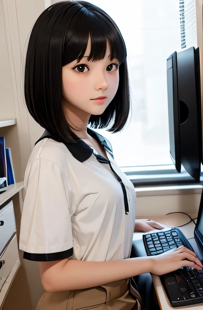 Full body mannequin deep kisses computer,that mannequin is beautiful,That mannequin is Erika Ikuta.,That mannequin is 16 years old.,The height of the mannequin is 165cm,mannequin color'my face is white.,mannequin color'The body is pure white.,The mannequin has black hair(bangs),mannequin color'eyes are black.mannequin is wearing a girl'high school uniform.,The mannequin is playing a game on the computer.