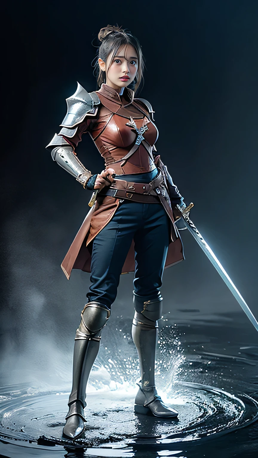 Perfect waist cut, Large breasts, Warrior girl with a fantastic small dagger on hand,  Skimpy leather clothes ,dark blue hair with red highlights, (perfect nose), Seductive gaze, (Best Illustration), 8k Resolution, Intricate Details, Best Quality, Realistic, Ultra Detailed, Best Lighting, Best Shadows, Ultra HD, A Necromancer style, Night, Magic, Dark Style, Vampire, (shining red eyes:1.6), masterpiece, high_res, Beautiful face, tyndall effect, photo realistic, (high detailed skin:1.2), 8k uhd, dslr, high quality, Photograph, high resolution, 4k, 8k, Bokeh, absurdres, ponytail contorted, best ratio four finger and one thumb, front view, dark blue hair gorgeous, perfect proportional skinny fitness body, full body view, wet skin, wet clothes, dark cathedral baground scenery, huge bobs