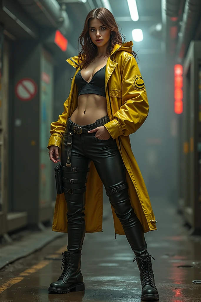 (8k, ARTISTIC photography, best quality, masterpiece: 1.2), (realistic, photorealistic: 1.37), ((((Josephine Skriver))) over-detailed, (high-detail skin: 1.2), 8k uhd, SLR camera, soft lighting, high quality, film grain, Arri Alexa, cinematic lighting, photonic display, brightness, physically rendered photo (sexy Female villain in a Japanese street holding a huge mallet), , ( sassy pose ) (( cute smile)), over-detailed face, (((Josephine Skriver))),  blonde hair, cybernetics (( dressed in futuristic kimono )), ((( yellow clothes )), ((( intricate outfits))), posing not of a street ramen vendor, rainy overcrowded city in the background (((pure 8K))), (((perfect anatomy))), extremely high-quality graphics, Riddley Scott, Blade Runner, Denis Villeneuve (((cinematic lighting))), ((clear details)), complex, highly detailed background,