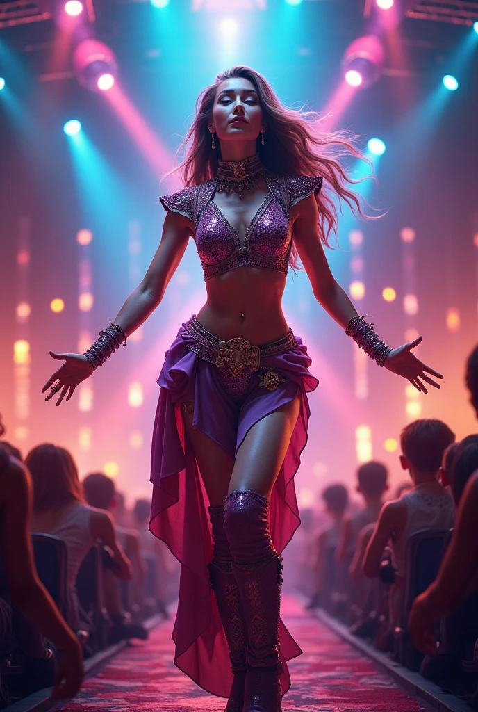 (of the highest quality:1.8), (masterpiece:1.8), (Extreme Photo Realism:1.8), (ultra high resolution, 8k:1.8), (cinematic lighting:1.6), (divine sorceress:1.8), Medium brown skinned woman with strong and delicate facial features, (long wavy black hair, Wet:1.7), Bright purple eyes that emit a magical and seductive aura, slim and curvy figure, (voluptuous and perfectly sculpted body:2.0), (big bust, firm and well proportioned:2.0), (pronounced and harmonious hips, accentuated by his dominant and powerful stance:1.9), (smooth and luminous skin), (ethereal and translucent black clothing, floating around your body:1.8), (tight clothes, highlighting every curve with overflowing sensuality:2.0), (Deep and elegant neckline:1.8), (long legs, toned and sculpted:1.9), (Magical jewels that shine with the energy of the storm:1.7), (pose levitante, in a defensive and powerful posture, with a mystical and dominant aura:2.0), (glare, seductive and full of hypnotizing power:1.9), (mystical and gothic tavern, surrounded by barbarians impressed and cornered by her power:1.8), (cabello Wet que cae sobre sus hombros, highlighting her femininity and strength:1.8), (aura of power and overflowing sensuality that illuminates the space, eclipsing everyone present:2.0), (extremely precise details in hands and feet:1.8).
