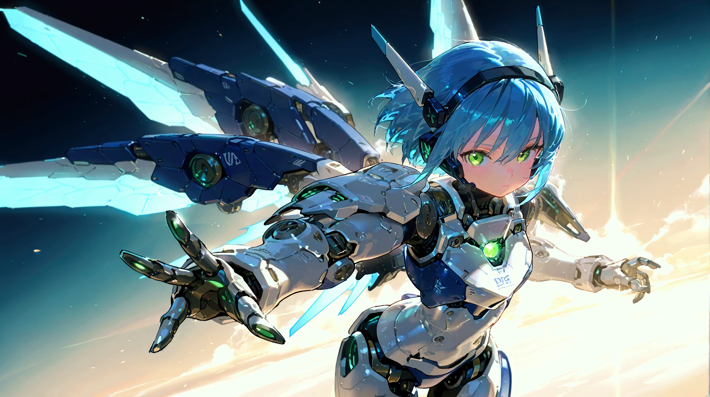  top quality, masterpiece, Small details,  super precision , Very delicate 8k wallpaper,  Robot Girl , ( long blue hair ), (Disable the white mechanical armor ), ( green eyes and sharp headgear ), ( mechanical wings attached to the shoulder ),  glowing nucleus in the middle of the chest , ( mechanically articulated fingers ,  4 Fingers and 1 Thumb ),(((  look at camera)))