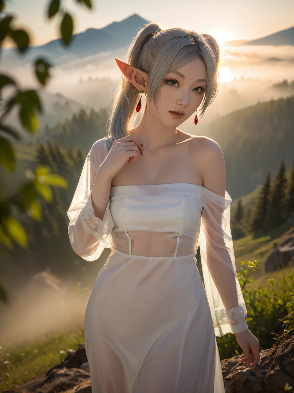 Hallucination, beautiful naked elf, 21yo, transparent white dress , Dancing on the top of a small hill