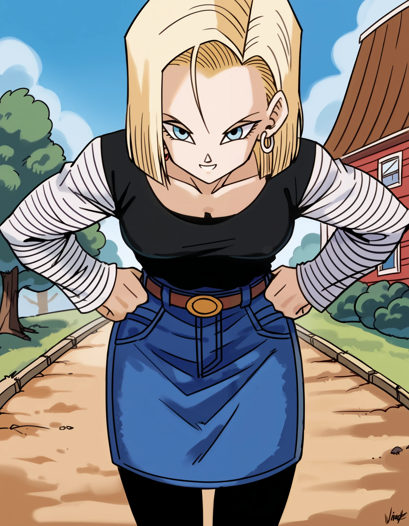 score_9, score_8_up, score_7_up, source_anime, android 18, blonde hair, blue eyes, eyelashes, hoop earrings, short hair, earrings, belt, black legwear, black shirt, collarbone, denim, denim skirt, high-waist skirt, jewelry, long sleeves, black & white stripe shirt, shirt tucked in, skirt, striped, striped sleeves, cowboy shot, medium breasts, kame house, outdoors, 2lines road, besides rock walls, guardrails, countryside, rural, standing, ((bending upper body deeply to viewer, deep leaning forward to viewer)), put hands on waist, (deep Downblouse, nipples in leaning forward posture), (nsfw), half-smile, evil smile, 