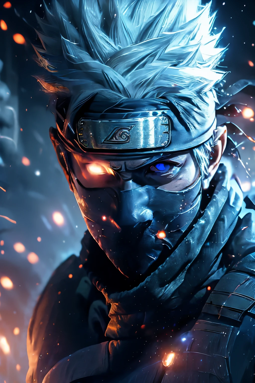 close-up detailed portrait of Kakashi Hatake from Naruto, hyper realistic, glowing blue eyes,dramatic, gritty, intense expression, best quality, 8k, insane details, intricate details, hyperdetailed, high quality, masterpiece, mid shot, macro shot, holographic reality, holographic halo, motion blur, game light effect, rim light, soft light, movie rim light, delicate light, cyberpunk style, oil painting texture, full length shot, 3D artist, detailed, futuristic, lightning,