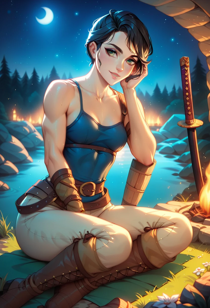 (solo, 1 fit girl, masterpiece, best quality, small breasts in fabric  dark blue tank top, night medieval camp) An illustration of a young woman in a medieval setting. She is sitting on a rocky shore near the water, resting one hand on the ground while lightly touching her head with the other. The woman is slender with a well-defined fit build and super narrow wasp-waist. She has short black hair. Her eyes are grey, expressive, and have a grey hue. She is wearing a form-fitting black sleeveless tank top and brown-white leather armor on her thighs with detailed metal boots. Next to her lies a katana with a simple yet elegant design, planted in the ground. The background consists of warm and cozy medieval war-camp with bonfire (night time, starry night sky, beautiful bonfire). The atmosphere is calm, with soft, diffused night lighting highlighting the details of her metallic armor pants and the textures of the rocks. Ensure the proportions of her body are realistic, and the pose conveys a dynamic yet relaxed feel.