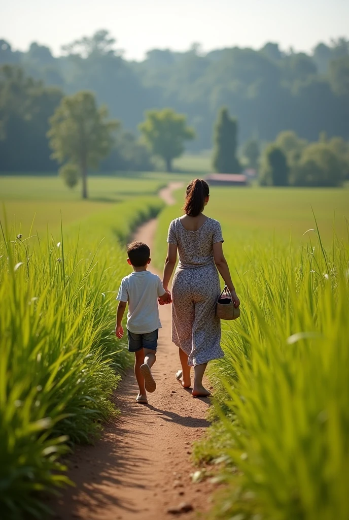 A woman and two are walking along the path, warm and joyful atmosphere, Summer afternoon, Walking confidently, artistic interpretation, On a sunny day, summer evening, On a sunny day, Threesome walk, sunny afternoon, summer morning light, The Morning Golden Hour, summer morning, Summer light, beautiful sunny day, The Shining Golden Hour, Afternoon sun, at sunset