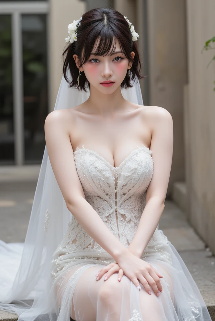 ((Highest quality, 8K, masterpiece :1.3)), Sharp focus :1.2, Beautiful woman with perfect figure :1.4, Slim Abs :1.2, ((Big Breasts, Emphasize cleavage:1.3)), (Photorealistic:1.4), (realistic:1.4), (Short Bob Hair, Light brown hair:1.5), Highly detailed face and skin texture, Fine grain, double eyelid. Makeup face. A little bit of lipstick, necklace, Earrings, sex appeal, Sexy gravure pose, ((Beautiful woman in a white wedding dress、Wedding hall、A happy smile、Dress slit pose。:1.3)