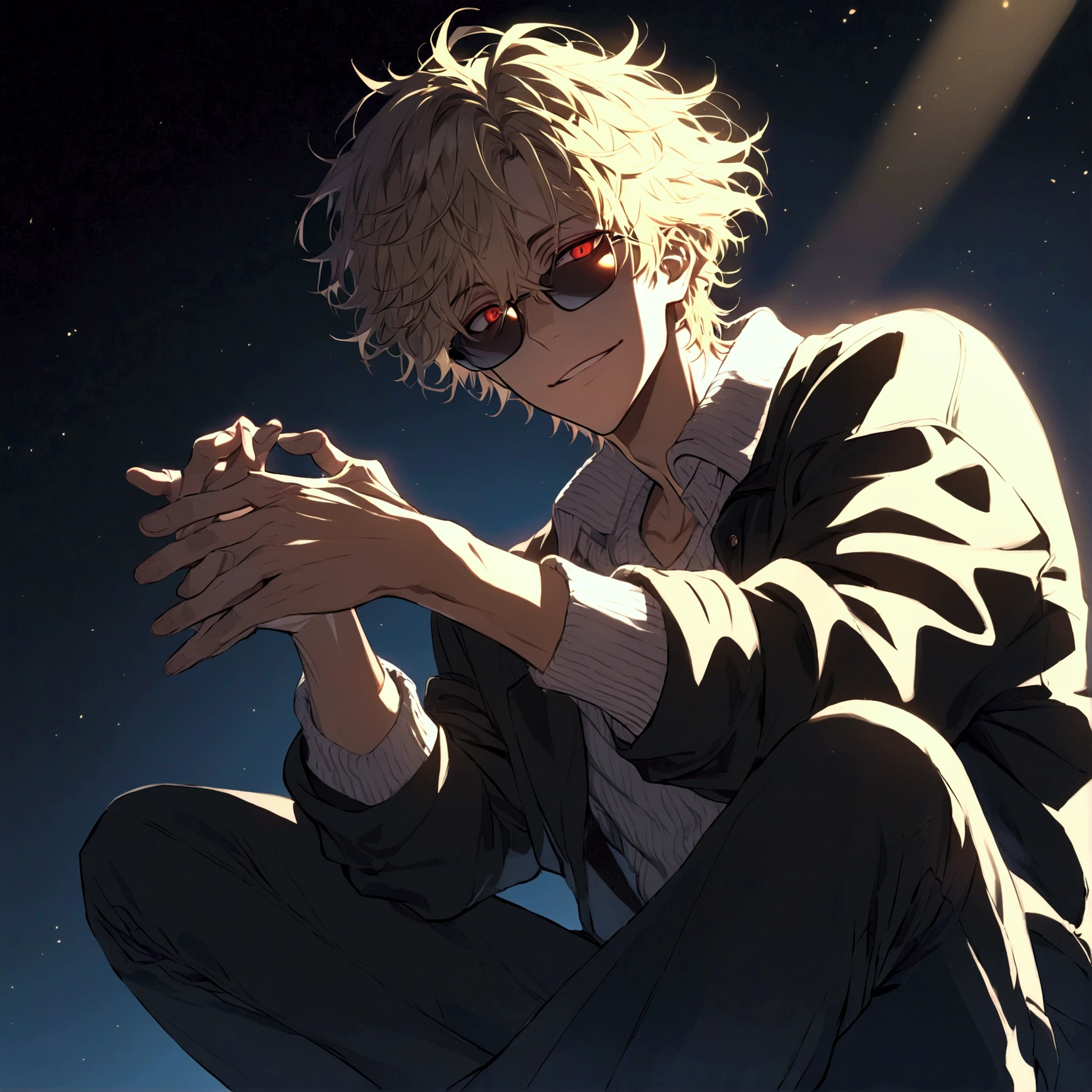 (solo), (1 male), (1 man), handsome men, (one man with blonde hair with black inner hair color, red eyes), short hair, messy hair, sunglasses,((masterpiece)), (dark background: 1.3), (stylish), White knit,dynamic angle, (detailed face, detailed eyes, proportional hands, proportional anatomy), sitting in a relaxed pose, sinister atmosphere, a nihilistic smile,black background