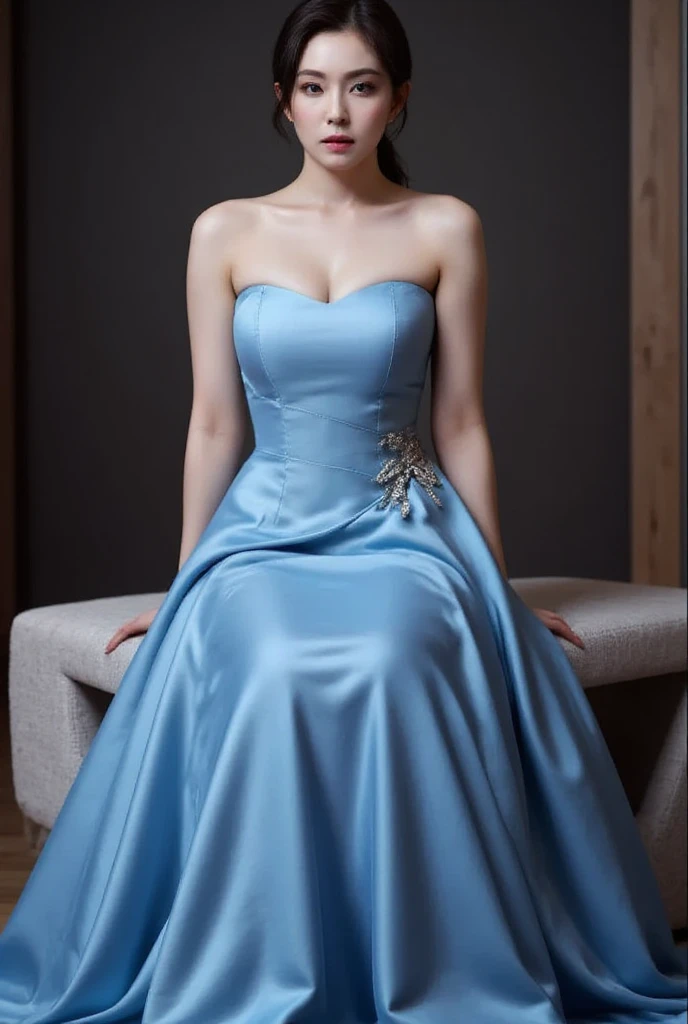 seorang wanita,  sits front facing, blue wedding dress,  strapless , cleavage visible