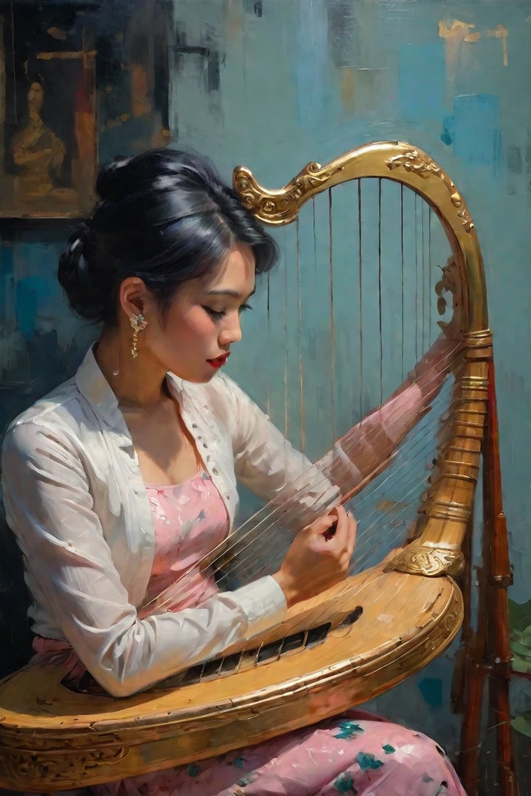 Create a contemporary portrait of a beautiful woman, Myanmar traditional long sleeve lace shirt and floral long skirt , playing the Traditional Burmese Harp: Gold earring with black sound hole and curved stem for attaching the string, in the
expressive and painterly style of Malcolm Liepke,
utilizing a palette of light pink, Red and black,
light grayish blue. The portrait should feature a
close-up of the subject's face with strong, dynamic
brushstrokes and a focus on capturing the depth and
texture characteristic of Liepke's work.Use light pink and bright
blue for the highlights and vibrant
areas,while employing muted blue, dark
grayish blue, and light
grayish blue to create shadows and
depth. Ensure the background
complements
the portrait with subtle variations of the
same color
palette, evoking a sense of modern
elegance and
emotional intensity