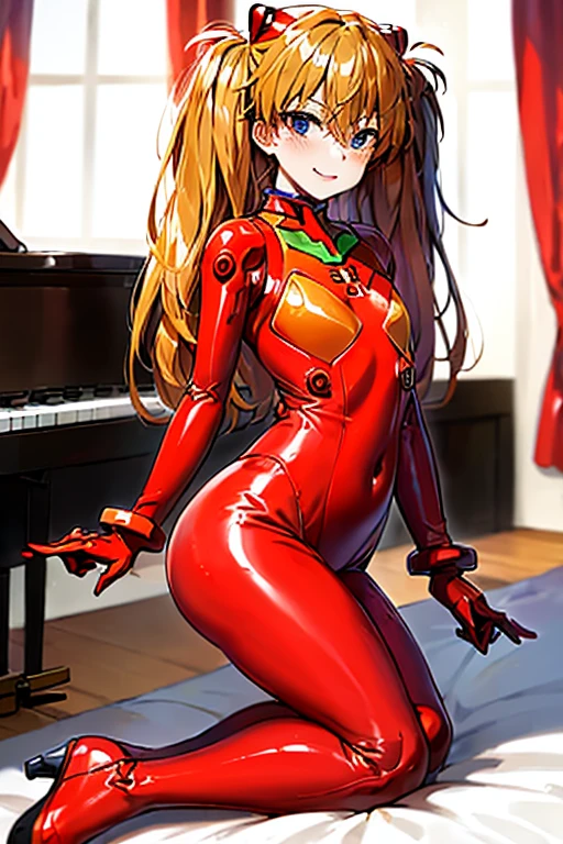 (( top quality)), ((masterpiece)), (be familiar with), perfect face, indoor, bedroom,  Watching Viewers ,
One woman,  Soryu Asuka Langley ,
開いた口,  ecstatic expression beside the piano, blush, smile,
 small tits,  flat chest, Young girl, Lori,  s,  girl,
 long hair,  twin tails,
Leg spread,