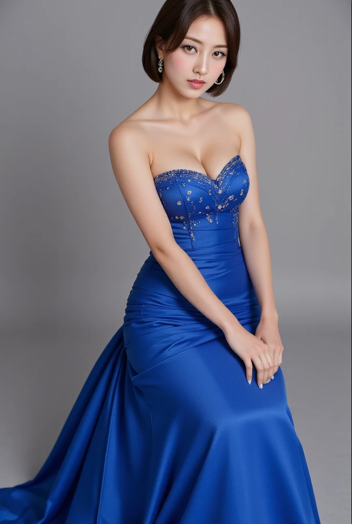 seorang wanita,  sits front facing, blue wedding dress,  strapless , cleavage visible