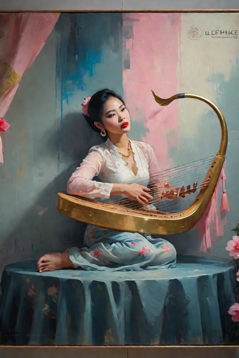 Create a contemporary portrait of a beautiful woman, Myanmar traditional long sleeve lace shirt and floral long skirt , playing the Traditional Burmese Harp: Gold earring with black sound hole and curved stem for attaching the string, in the
expressive and painterly style of Malcolm Liepke,
utilizing a palette of light pink, Red and black,
light grayish blue. The portrait should feature a
close-up of the subject's face with strong, dynamic
brushstrokes and a focus on capturing the depth and
texture characteristic of Liepke's work.Use light pink and bright
blue for the highlights and vibrant
areas,while employing muted blue, dark
grayish blue, and light
grayish blue to create shadows and
depth. Ensure the background
complements
the portrait with subtle variations of the
same color
palette, evoking a sense of modern
elegance and
emotional intensity