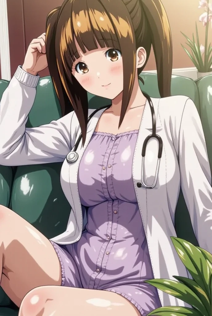 1girl, solo, looking at viewer, short hair, brown hair, brown eyes, pantyhose, lips, coat, plant, couch, realistic, labcoat, stethoscope, blinds, doctor,horseoilsocks