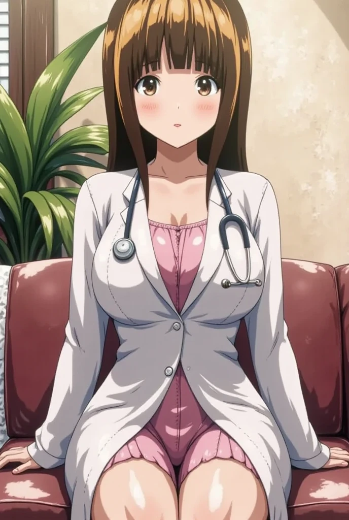 1girl, solo, looking at viewer, short hair, brown hair, brown eyes, pantyhose, lips, coat, plant, couch, realistic, labcoat, stethoscope, blinds, doctor,horseoilsocks