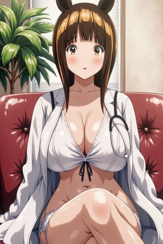 1girl, solo, looking at viewer, short hair, brown hair, brown eyes, pantyhose, lips, coat, plant, couch, realistic, labcoat, stethoscope, blinds, doctor,horseoilsocks