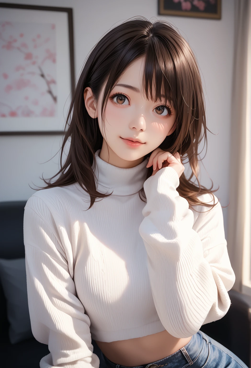 (ultra detailed skin),curvy,petite,beautiful breasts,large breasts,pale skin,pointy breasts,erect nipples,(fantasy art,Highest image quality,Hyperrealist portrait,(8k),ultra-realistic,best quality, high quality, high definition, high quality texture,high detail,beautiful detailed,fine detailed,extremely detailed cg,detailed texture,a realistic representation of the face,masterpiece,Sense of presence,Dynamic,bold),(thin hair),(soft hair),Swept long bangs,extra light coppery amber hair,hair over one eye,turtleneck sweater,tight mini skirt,stockings,Engineer boot
