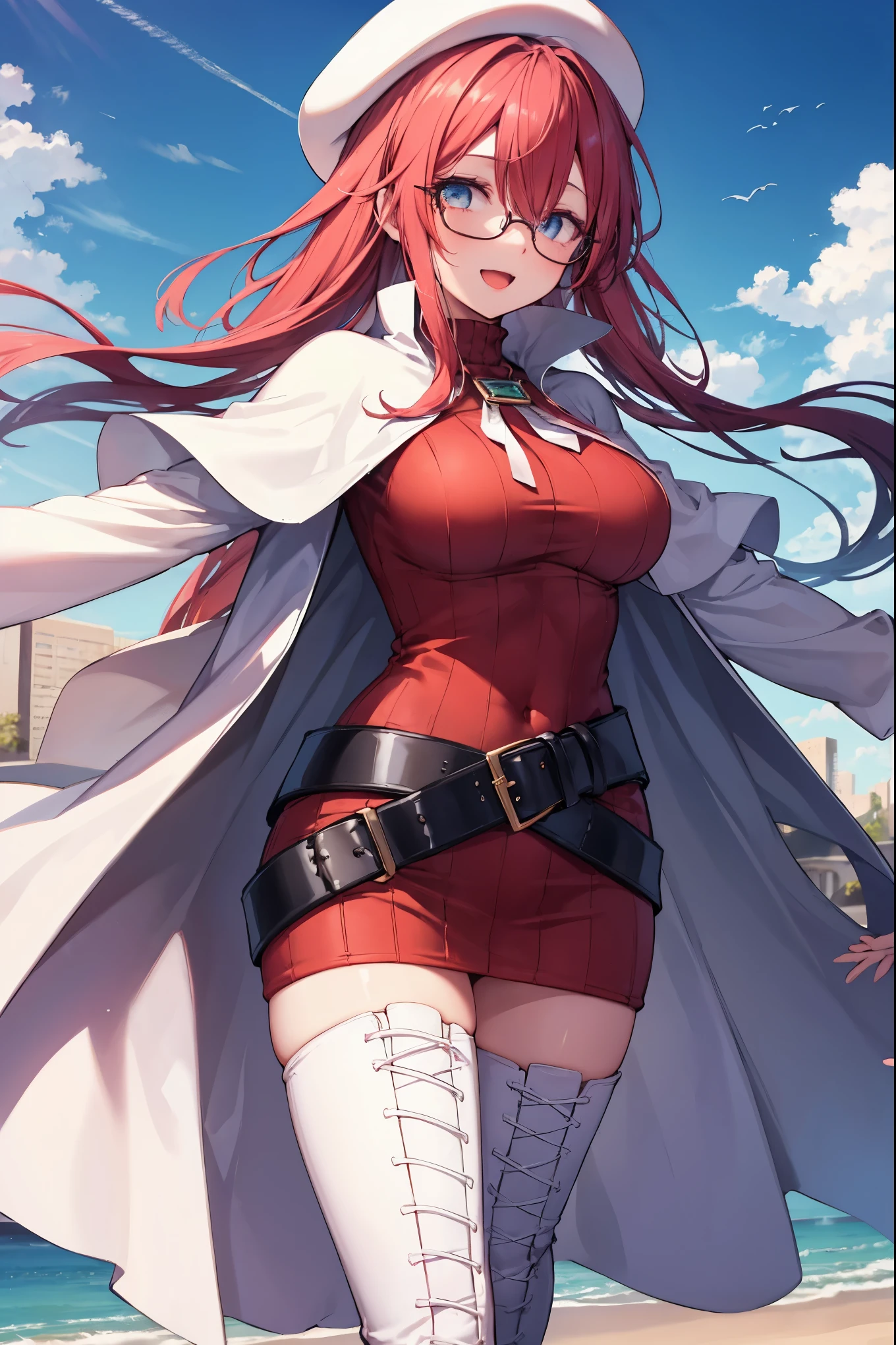 summonnightaty, aty, (young:1.3),long hair, blue eyes, red hair, big_tits, hat, glasses,
BREAK long hair, thighhighs, hat, dress, naked_legs, glasses, belt, cape, sweater, zettai ryouiki, beret, thigh boots, white footwear, ribbed sweater, loose belt,solo,
BREAK outdoors, fantasy,on_beach,
,Highquality_hads,perfect_fingers,
BREAK (masterpiece:1.2), best quality, high resolution, unity 8k wallpaper, (illustration:0.8), (beautiful detailed eyes:1.6), extremely detailed face, perfect lighting, extremely detailed CG, (perfect hands, perfect anatomy),covered_nipples,covered_navel ,half_eyes,long_sword,sleepy,red_sweater,apart_knees,magical_effect,spread_legs, have_a_book,teacher,rise_knee,Smile,rise_hand,look_down_viewer,spread_arms,sea_waves,looking_into,blue_sky,plump,open_mouth, dynamic_posing,solo,