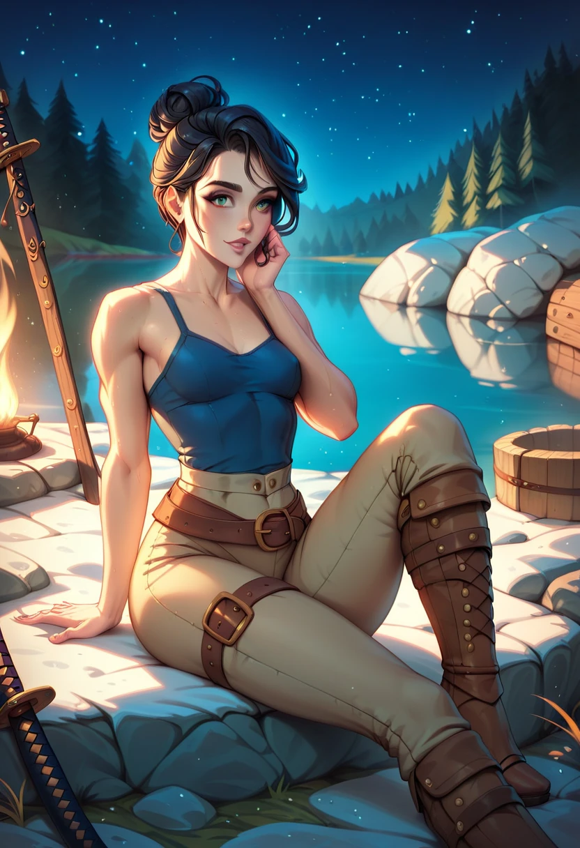 (solo, 1 fit girl, masterpiece, best quality, small breasts in fabric dark blue tank top, night medieval camp) An illustration of a young woman in a medieval setting. She is sitting on a rocky shore near the water, resting one hand on the ground while lightly touching her head with the other. The woman is slender with a well-defined fit build and super narrow wasp-waist (with small boobs). She has short black hair. Her eyes are grey, expressive, and have a grey hue. She is wearing a cool outfit (a form-fitting black sleeveless tank top and brown-white leather armor on her thighs with detailed metal boots). Next to her lies a katana with a simple yet elegant design, planted in the ground. The background consists of warm and cozy medieval war-camp with bonfire (night time, starry night sky, beautiful bonfire). The atmosphere is calm, with soft, diffused night lighting highlighting the details of her metallic armor pants and the textures of the rocks. Ensure the proportions of her body are realistic, and the pose conveys a dynamic yet relaxed feel