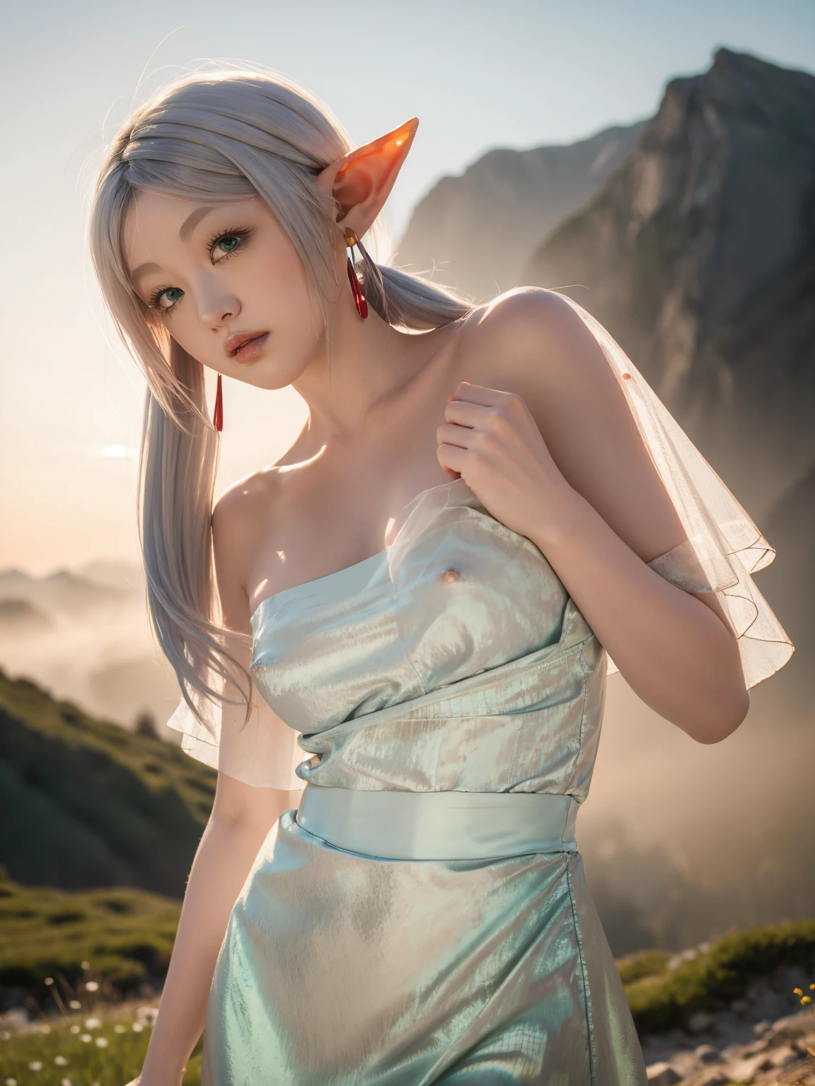 Desert, windy weather, white wolf、 ((highest quality、masterpiece、8k、best image quality、ultra high resolution、Award-winning work)、(accurate anatomy:1.1)、(look at me and smile:1.1)、Shining fair skin with ultra high resolution、most detailed face、ultra high resolution detailed face、white short hair flowing 、Beautiful face drawn in every detail、ancient Greek clothing, modest breast , real wolf beside the girl 