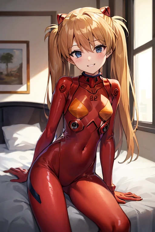 (( top quality)), ((masterpiece)), (be familiar with), perfect face, indoor, bedroom,  Watching Viewers ,
One woman,  Soryu Asuka Langley ,
開いた口,  ecstatic expression beside the piano, blush, smile,
 small tits,  flat chest, Young girl, Lori,  s,  girl,
 long hair,  twin tails,
Leg spread,