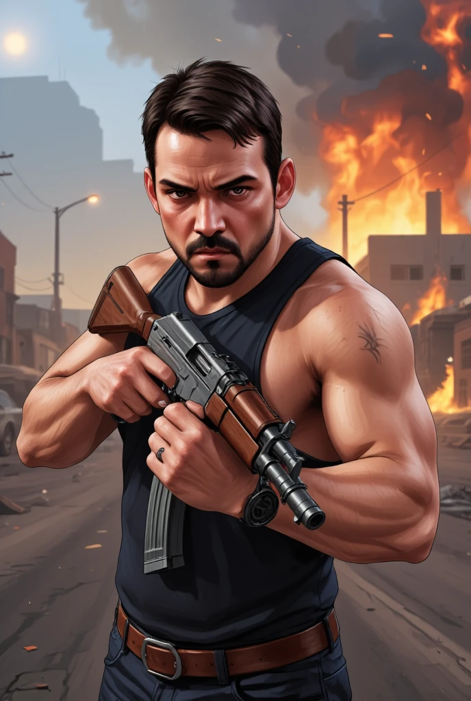 Cartoon art, GTA V Style. a young man, about 30 years old, in dynamic pose, holding a AK-47, angry face , in action scene, dynamic Angle, handsome man, detailed illustration, vivid colors, burning car in background. 