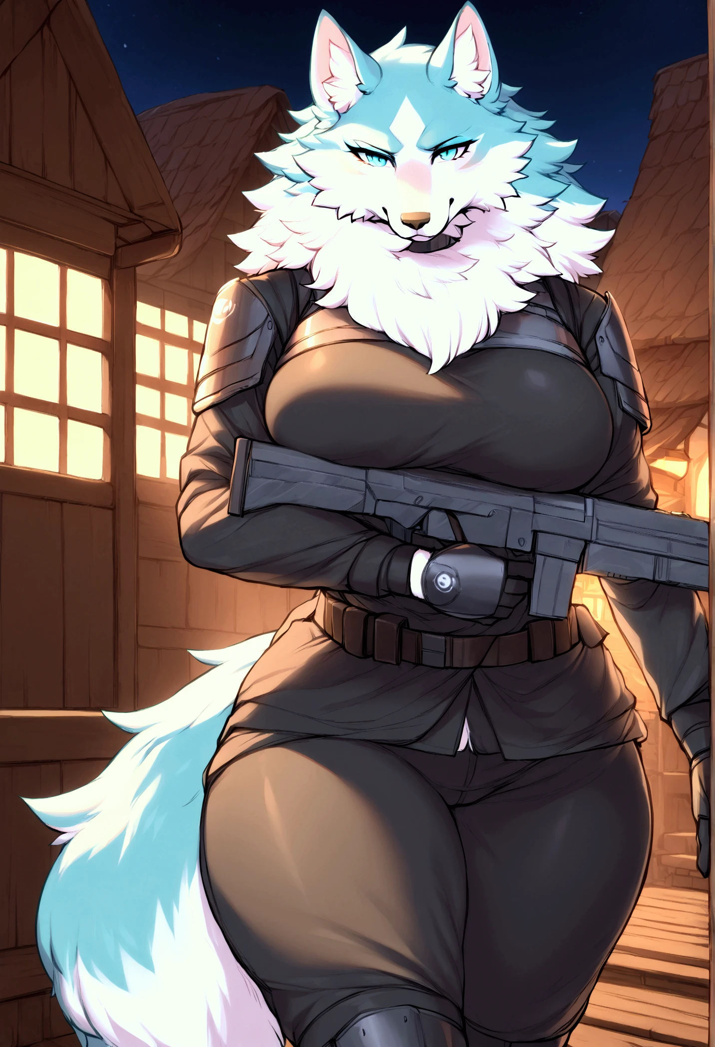 (top quality, best quality, Iriedono, High-quality illustrations, masterpiece, perfect artwork, cinematic light and shading, 16k, 1080p, uploaded on e621)(kemono, furry, anthro, alone), 1 larger female, (very detailed body, face, tail, arms, hands, legs, head and eyes), Helldiver, wolf, Shirou Ogami, (Brand New Animal), big breasts, thick thighs, fur, fluffy, wolf ears, wolf fluffy tail, perfect eyes, blue eyes, black pupils, beautiful Helldiver outfit, beautiful Helldiver armor, beautiful night village, body movement, body twitching, jiggle physics,