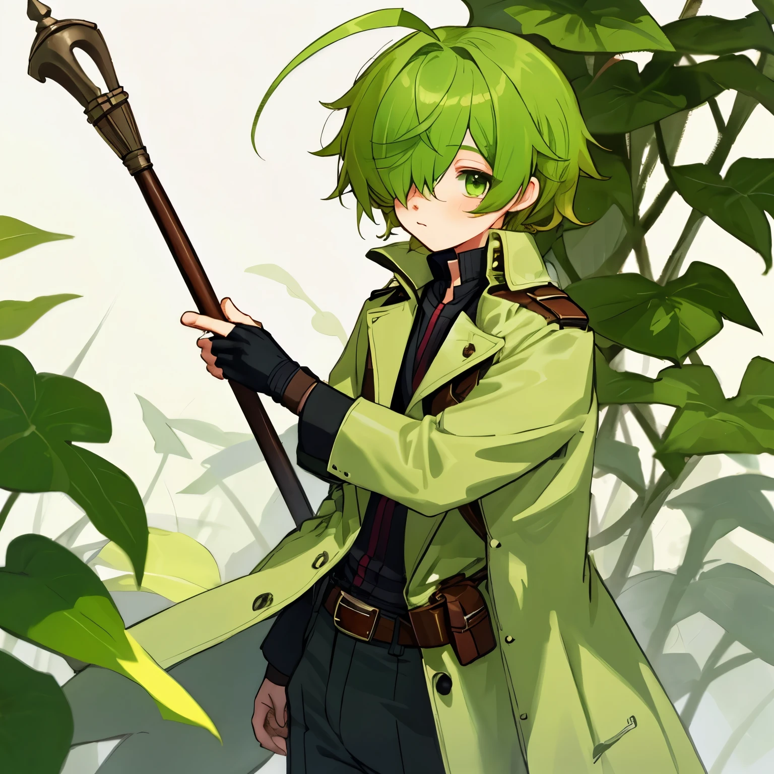 (boy), Dryad, green ivy hair, green eyes, short cut, side part, ahoge, hair over one eye, thin eyebrows, young, alone, short, Shota, pants, trench coat, long boots, plant hair accessory, wide pants, harness, fingerless glove, belt, Solo, wizard, left hand with magic short rod, hurry potter, upper body
