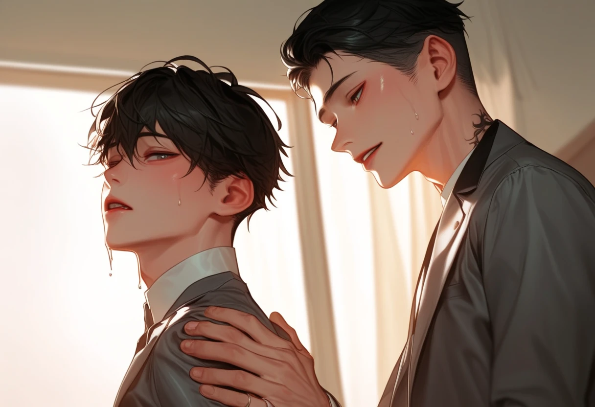 Boy Couple  ，Two men， In the classroom，Gray suit, school uniform ， Korean comic style ，Lean on your shoulders， young and full of energy， Good condition ，  Smooth Skin， Very handsome脸瓜子脸，龙Tattoo，  Korean comic style  ，muscle，  White Skin，Tattoo， Wet Hairstyle  ，pant ， Young Boy ，  Charming eyes  ， Very handsome，Hands on shoulders