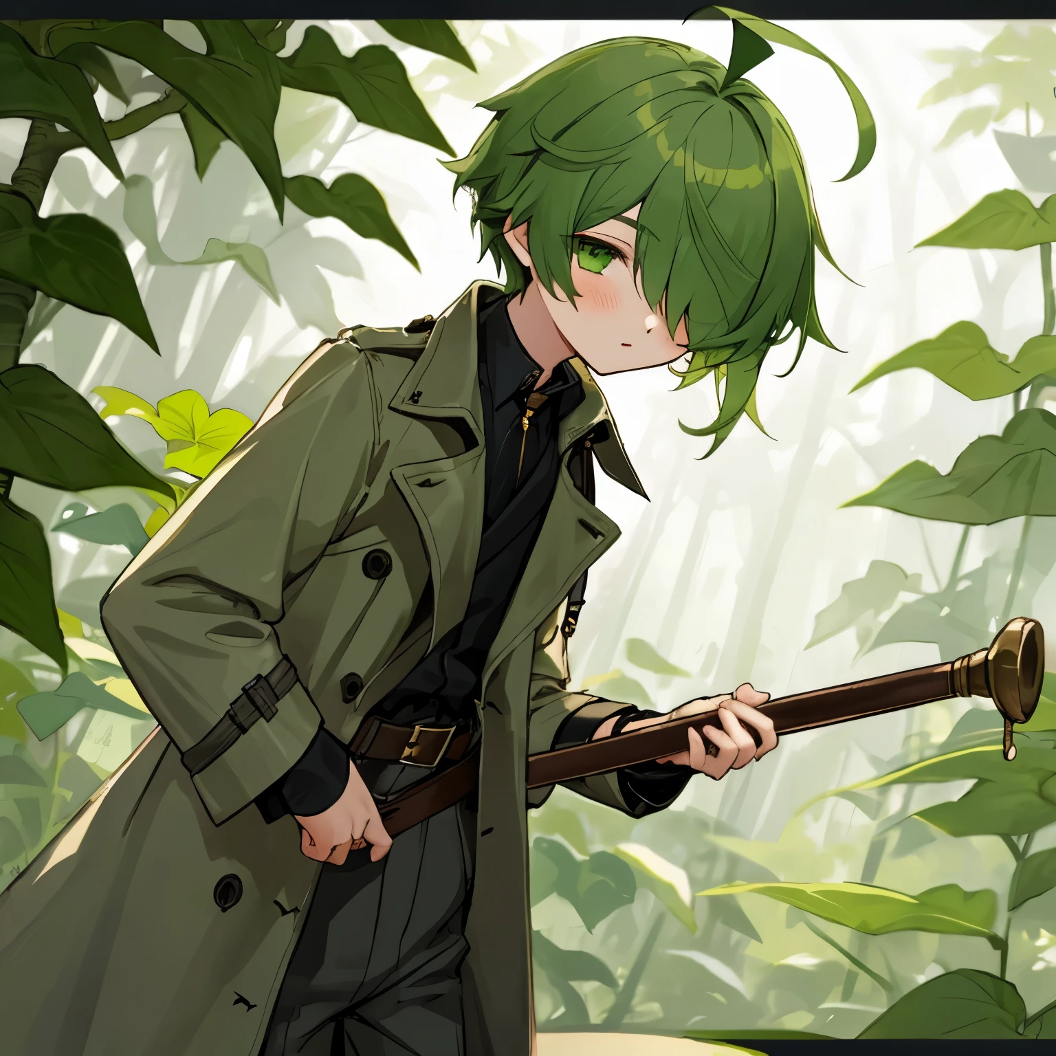 (boy), Dryad, green ivy hair, green eyes, short cut, side part, ahoge, hair over one eye, thin eyebrows, young, alone, short, Shota, pants, trench coat, long boots, plant hair accessory, wide pants, harness, fingerless glove, belt, Solo, wizard, left hand with magic short rod, hurry potter, upper body
