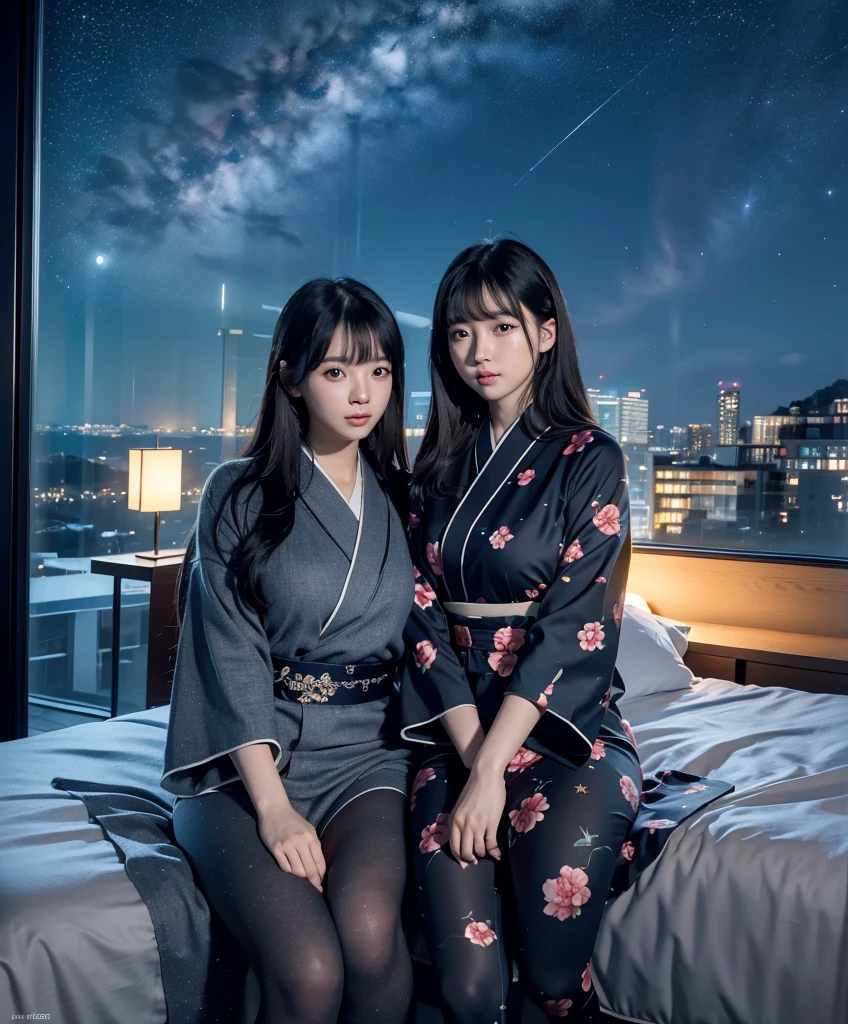  trending at cgstation, Ulzzang,  Gouvais-inspired artwork, With a cute face,  beautiful. beautiful顔. Two Women .(Nightsky.starry).window (8k)  Inside hotel room. winter. line-up group.  kimono.  Bed. Leggings