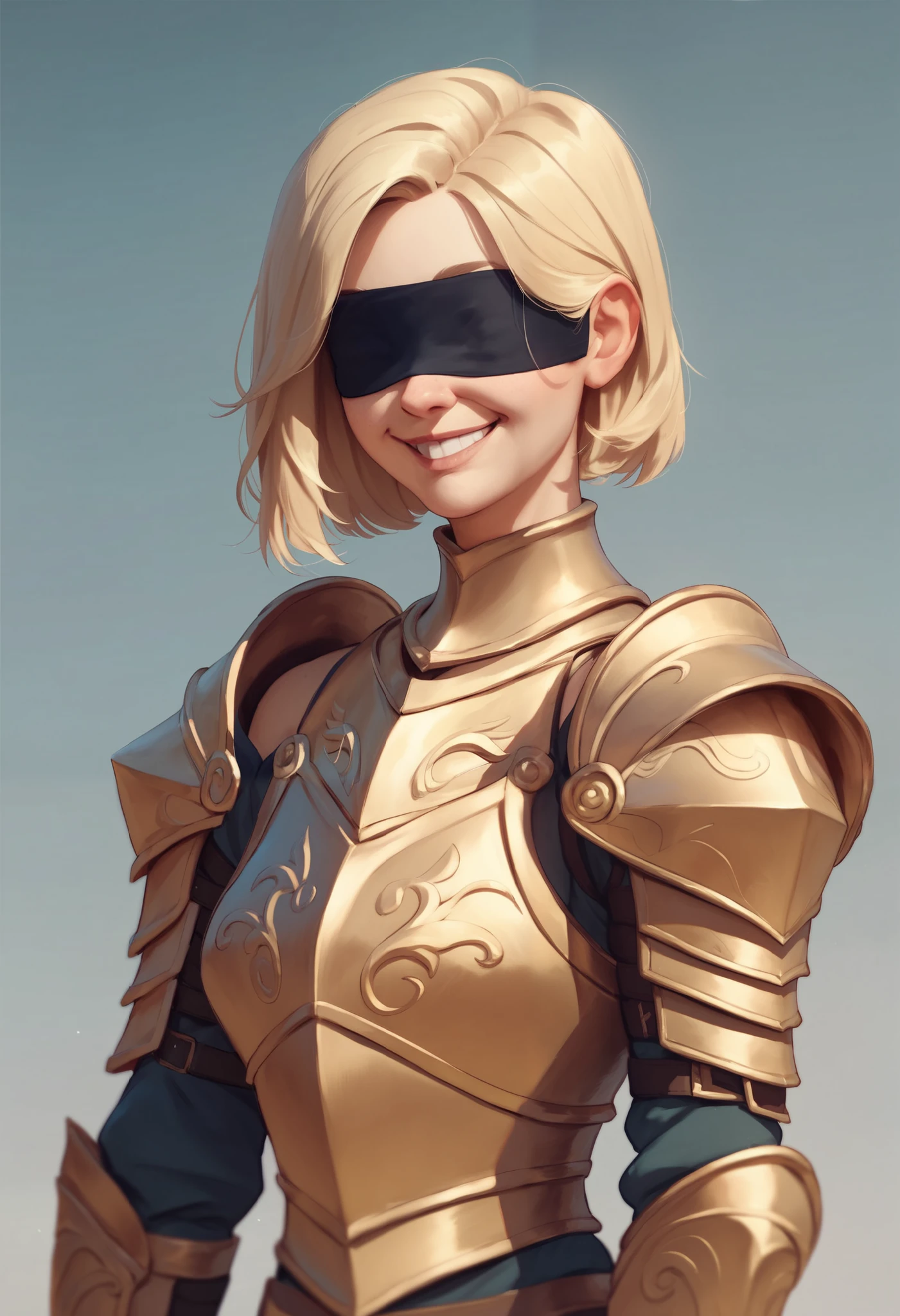 masterpiece, best quality, 1girl, full armor, plate armor, shoulder armor, cloak, blonde hair, blue eyes, armored mask, portrait, upper body, medieval fortress, blue sky, cartoonish anime, painted anime