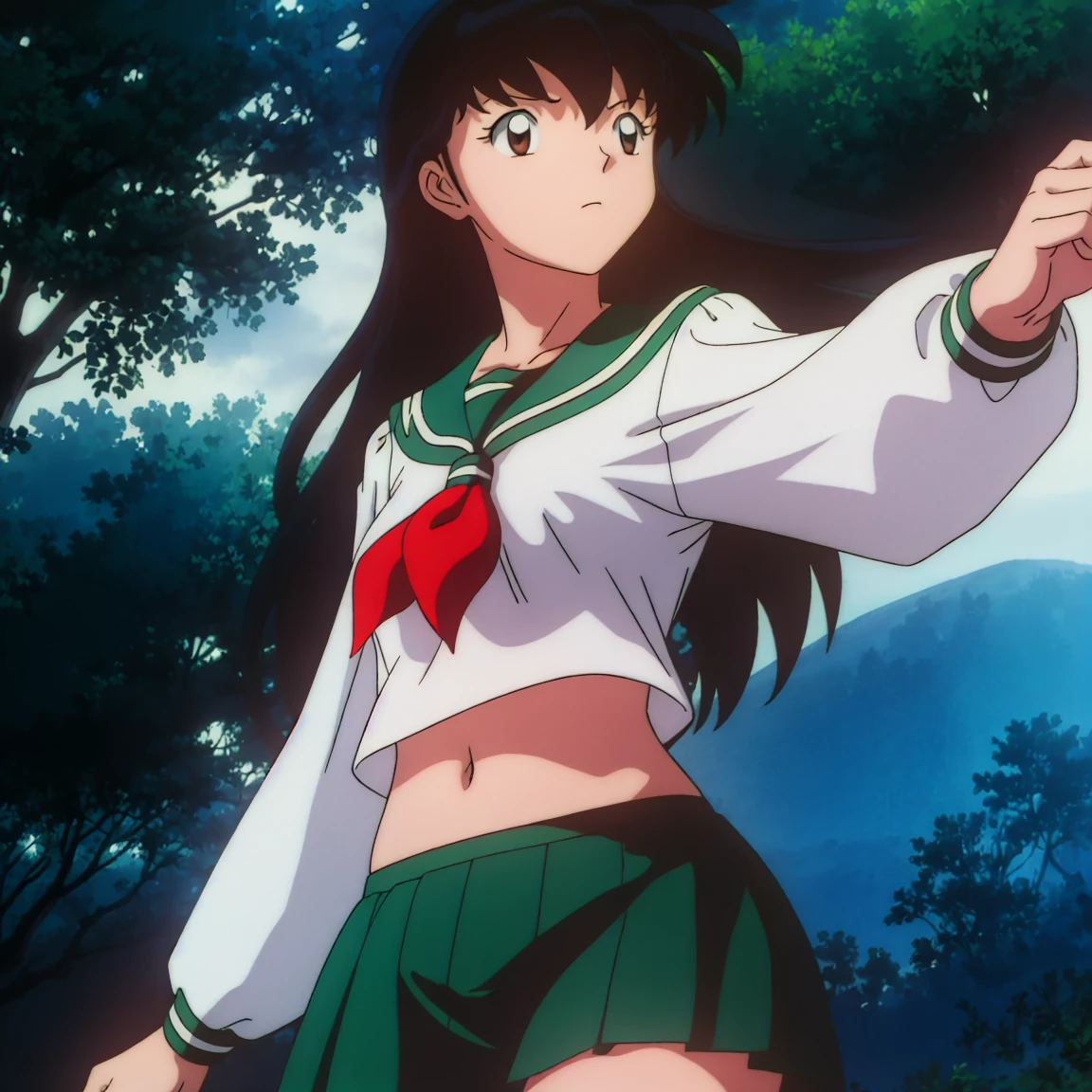 1girl, solo, outdoors, long hair, brown eyes, school uniform,(Masterpiece: 1.6, Best Quality), (Fine Beautiful Eyes: 1.2), (best quality, masterpiece, higher), green school uniform, soft thighs , long sleeves, white socks, scenery , Best Quality, ((anime)) ((Colored)) HD, Kagome Higurashi ,school uniforms, Standing, Green skirt, Red scarf, long hair, Black hair between the eyes, Thighs are soft, school background , black hair, skirt ,standing, green skirt, serafuku, belly button, midriff, belly dancing, swaying hips,