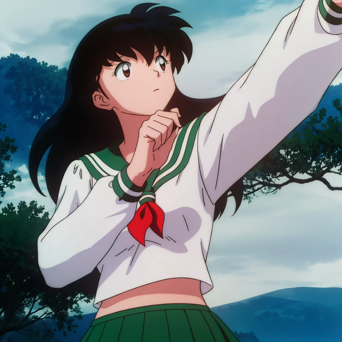 1girl, solo, outdoors, long hair, brown eyes, school uniform,(Masterpiece: 1.6, Best Quality), (Fine Beautiful Eyes: 1.2), (best quality, masterpiece, higher), green school uniform, soft thighs , long sleeves, white socks, scenery , Best Quality, ((anime)) ((Colored)) HD, Kagome Higurashi ,school uniforms, Standing, Green skirt, Red scarf, long hair, Black hair between the eyes, Thighs are soft, school background , black hair, skirt ,standing, green skirt, serafuku, belly button, midriff, belly dancing, swaying hips,