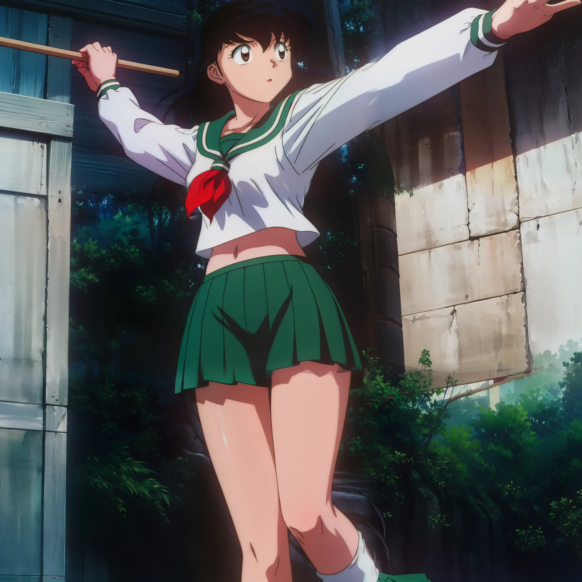 1girl, solo, indoors, long hair, brown eyes, school uniform,(Masterpiece: 1.6, Best Quality), (Fine Beautiful Eyes: 1.2), (best quality, masterpiece, higher), green school uniform, soft thighs , long sleeves, white socks, Best Quality, ((anime)) ((Colored)) HD, Kagome Higurashi ,school uniforms, Standing, Green skirt, Red scarf, long hair, Black hair between the eyes, Thighs are soft, school background , black hair, skirt ,standing, green skirt, serafuku, belly button, midriff, stretching, both arms up high, shows lower belly, low rise skirt