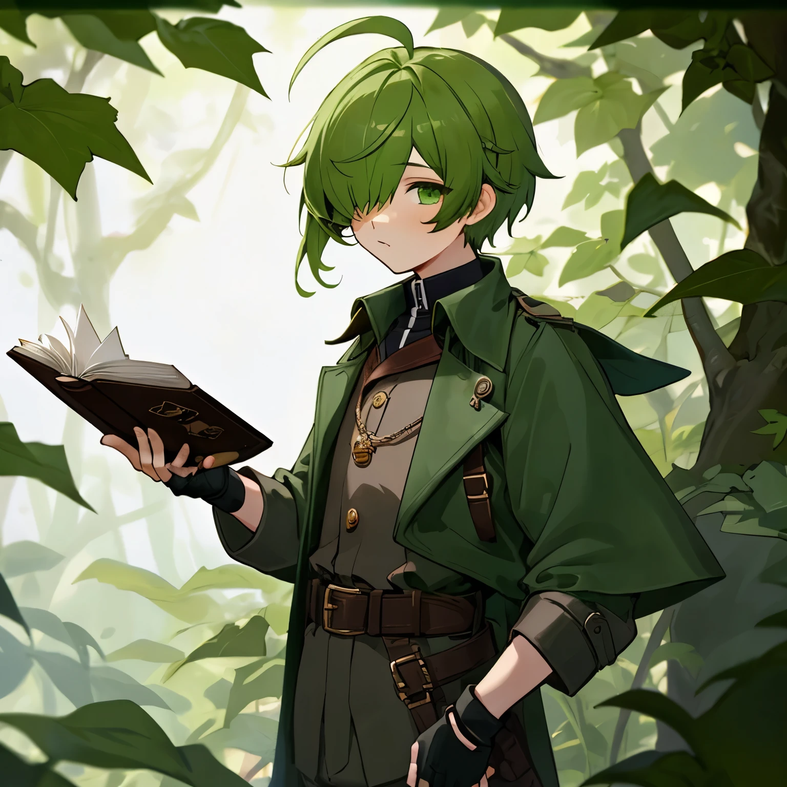 (boy), Dryad, green ivy hair, green eyes, short cut, side part, ahoge, hair over one eye, thin eyebrows, young, alone, short, Shota, pants, trench coat, long boots, plant hair accessory, wide pants, harness, fingerless glove, belt, Solo, wizard, left hand with magic hand book, hurry potter, upper body
