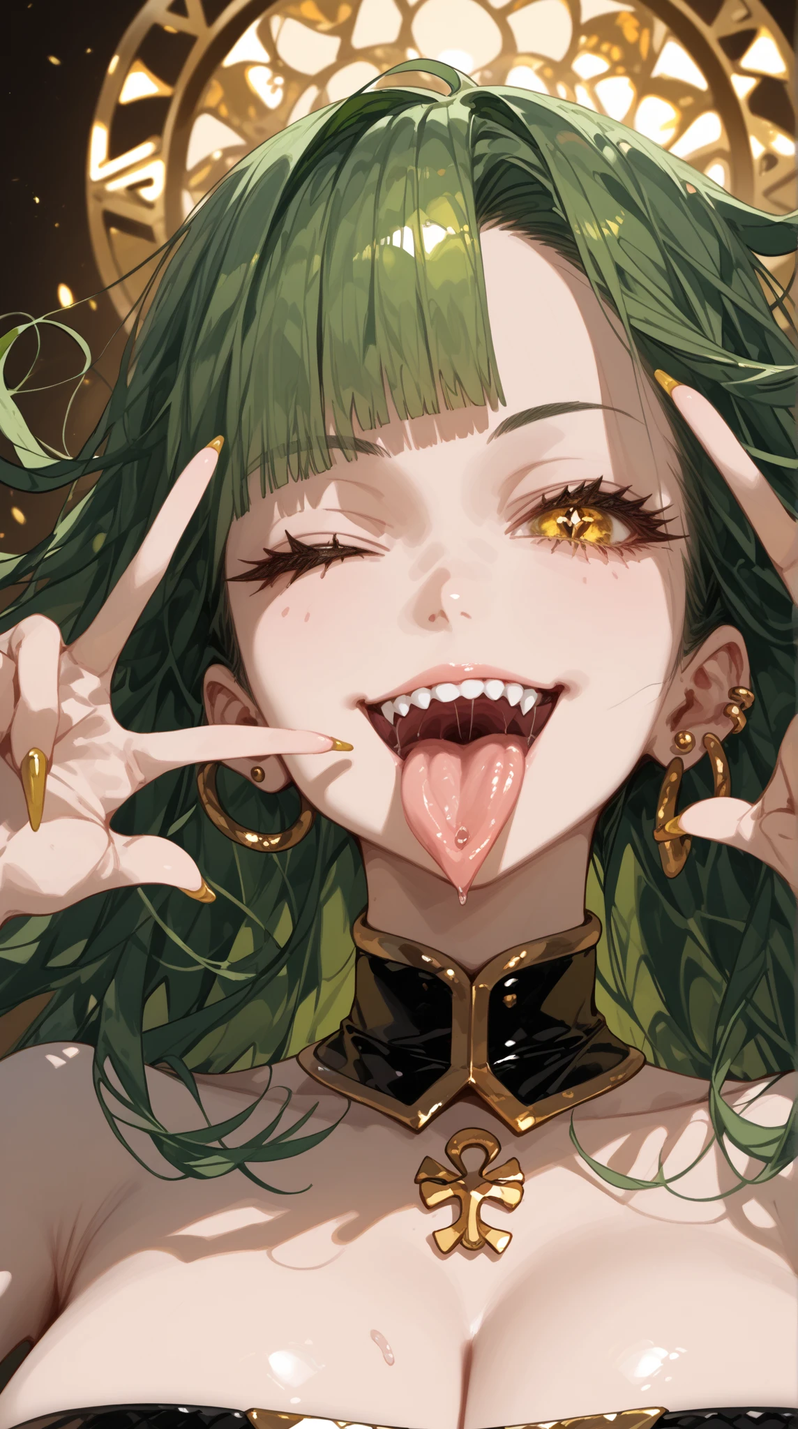 score_9, score_8_up, score_7_up, score_6_up, score_5_up, score_4_up,
BREAK
1girl, green scales, yellow eyes, wink, snake hair, green hair, light smile, slit pupils, long hair, snake hair , straight hair, GOLD TONS OF BONE PIERCINGS , long tongue、Snake Tongue、split tongue、saliva、
BREAK
solo, portrait, huge breasts, peace sign, black tube top, strapless, gold trim,

 Dark Cave、 Chokehole、 Pale Light、Detailed and fantastical background